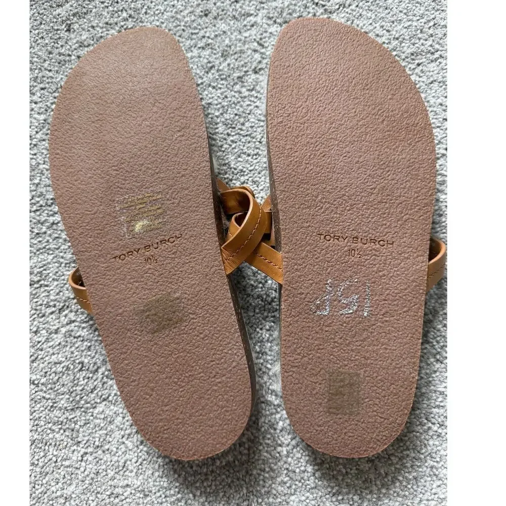 Tory Burch Miller Cloud Sandal Shearling Thong Caramel Logo Slip On Womens 10.5